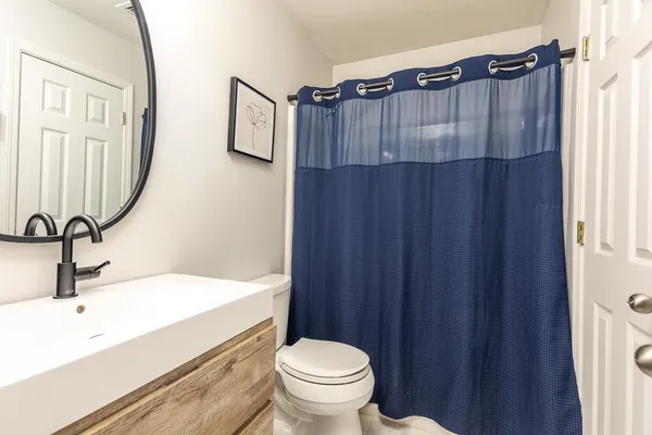 a bathroom with a sink a toilet a mirror and shower curtain