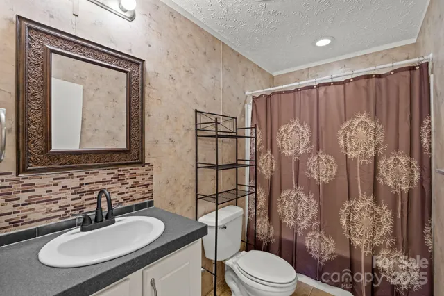 a bathroom with a granite countertop toilet sink and mirror