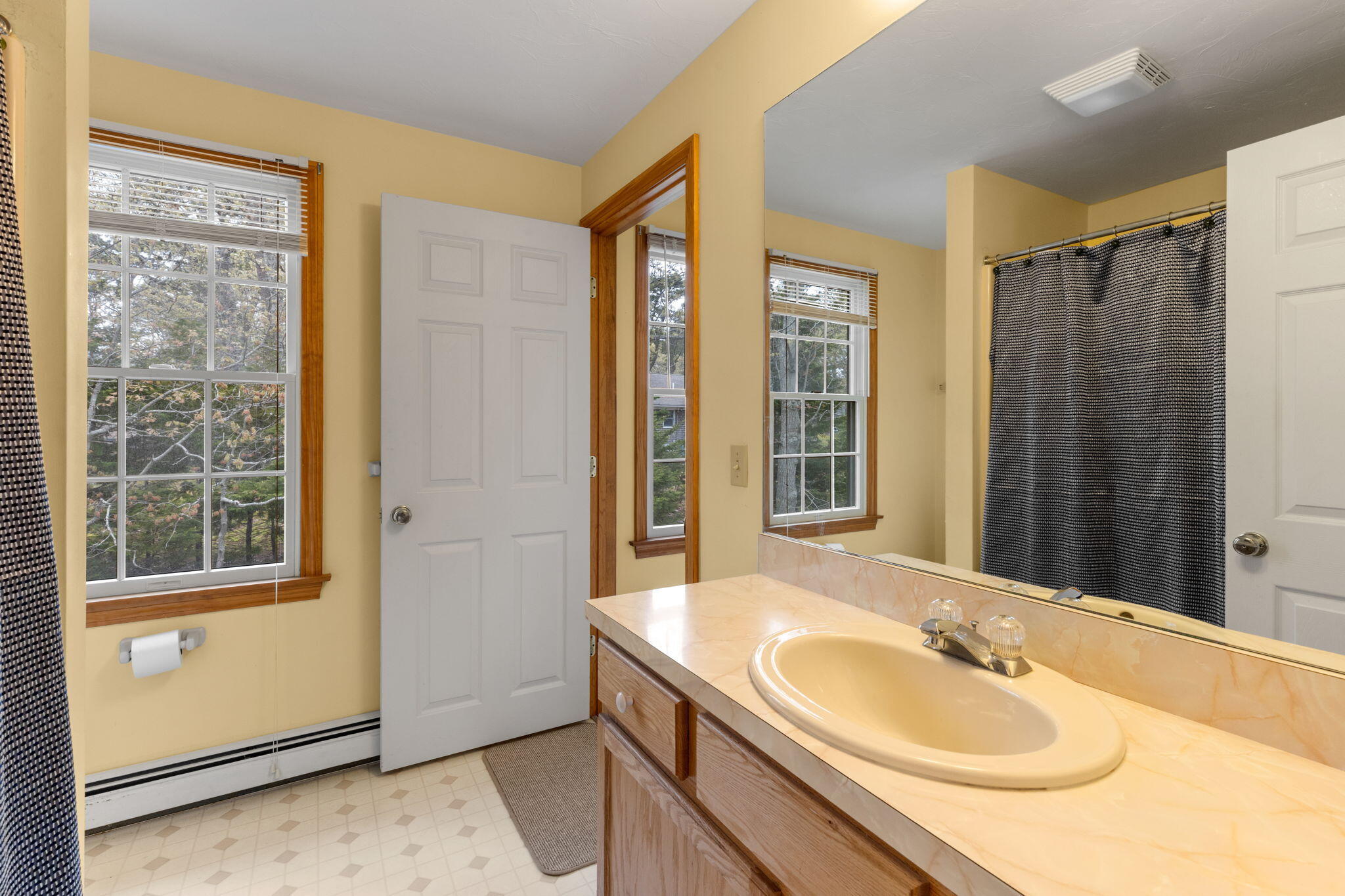 285 Blue Heron Road Wellfleet, MA 02667 - Photo 20 of 31 a bathroom with a granite countertop sink and a mirror
