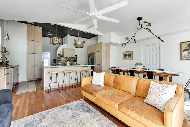 a view of a dining room with furniture