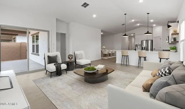 a living room with furniture and a potted plant