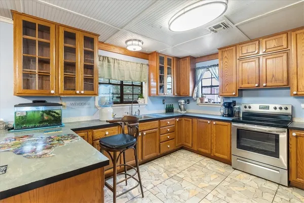 a kitchen with lots of counter top space