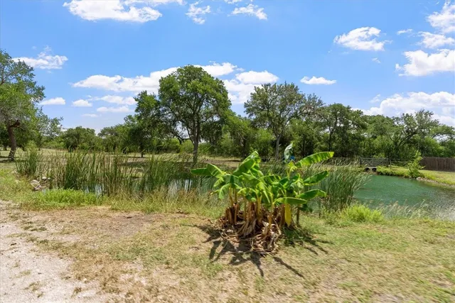 a view of a lake in between two of trees