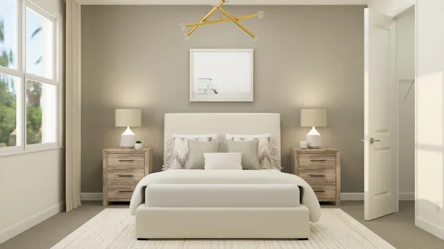 a bedroom with a bed and a night stand