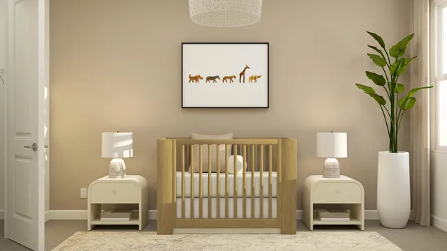 a bedroom with a bed and a lamp