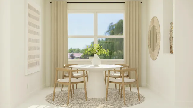 a dining room with furniture and a window