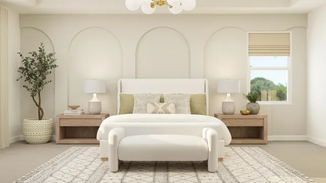 a bedroom with a two bed a chandelier and a window