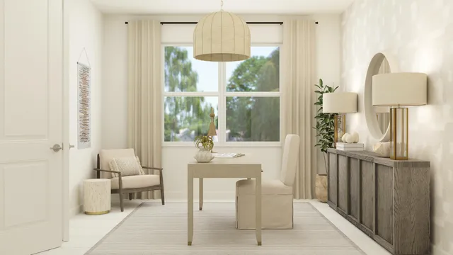 a dining room with furniture and a window