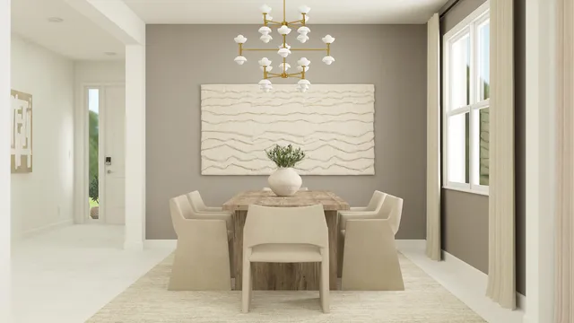 a dining room with furniture and chandelier