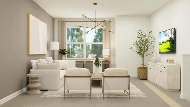 a living room with furniture a chandelier and a large window