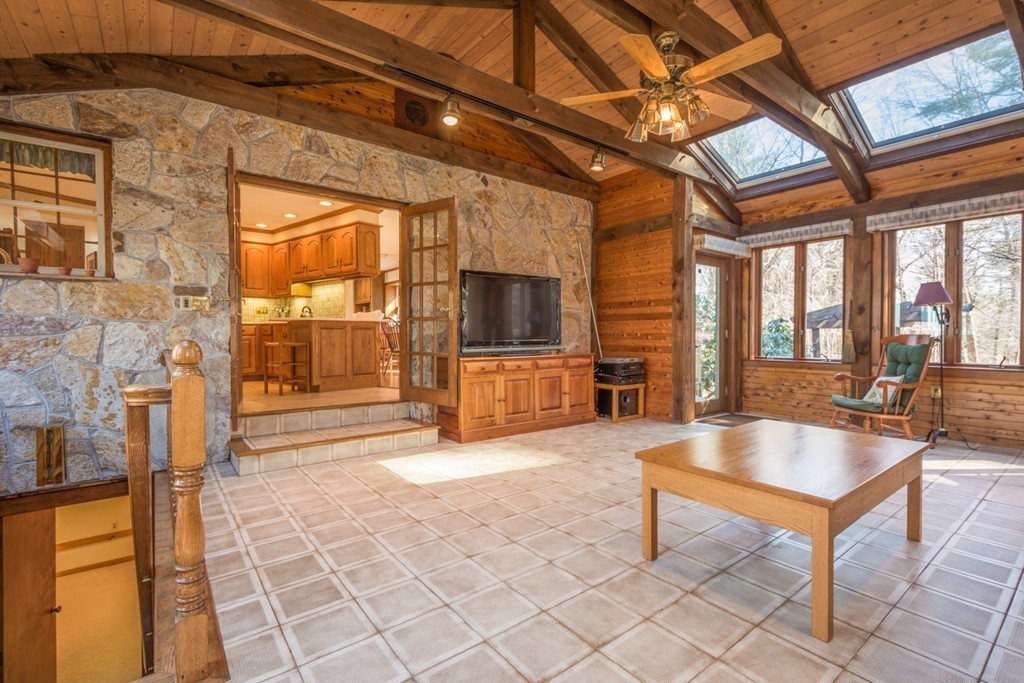208 Boxboro Road Stow, MA 01775 - Photo 3 of 27 a living room with fireplace furniture and a flat screen tv