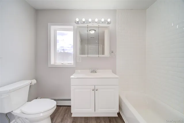 a bathroom with a sink a toilet a window and vanity