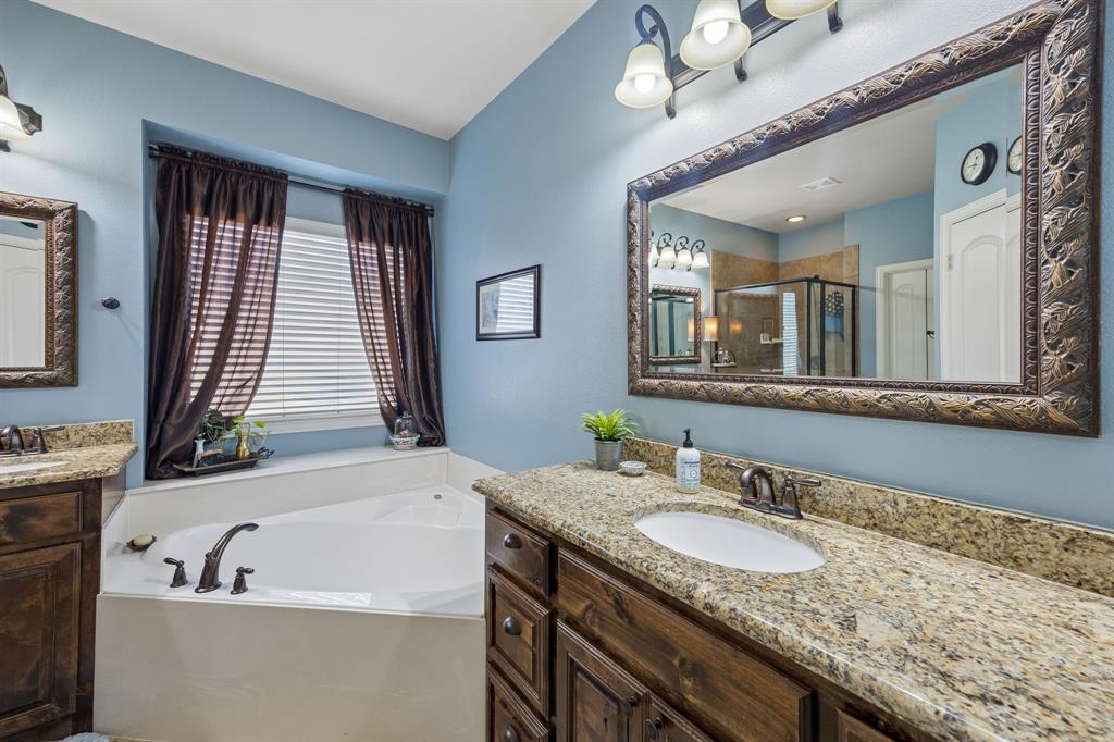 8104 Red Riv Run North Richland Hills, TX 76180 - Photo 16 of 38 a bathroom with a granite countertop sink a large mirror and a bathtub
