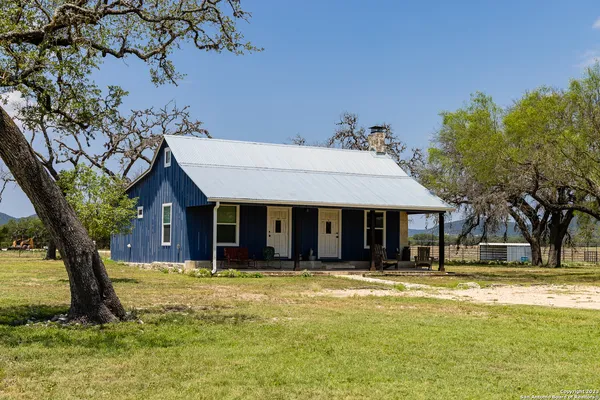 a view of a white house with a large tree