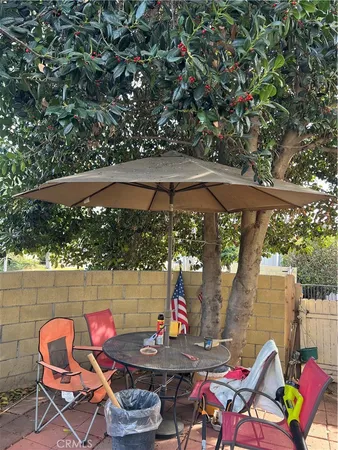 an outdoor space with furniture