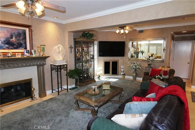 a living room with furniture a flat screen tv and a fireplace