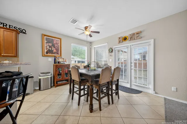 a view of a dining room with furniture