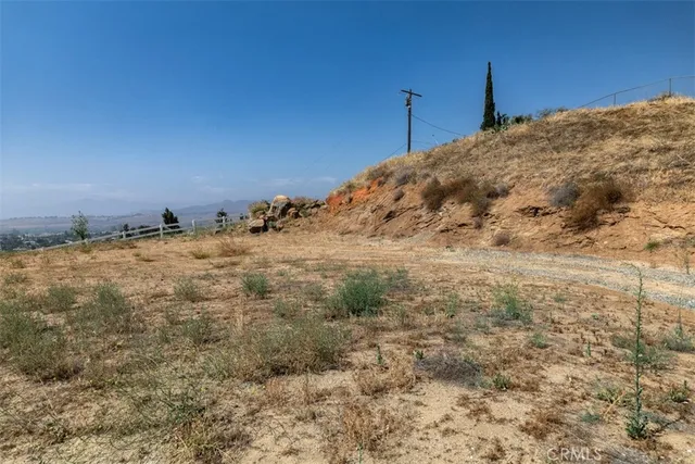 a view of a dry field with trees in the background