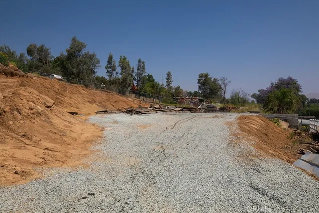 a view of a dry yard with trees