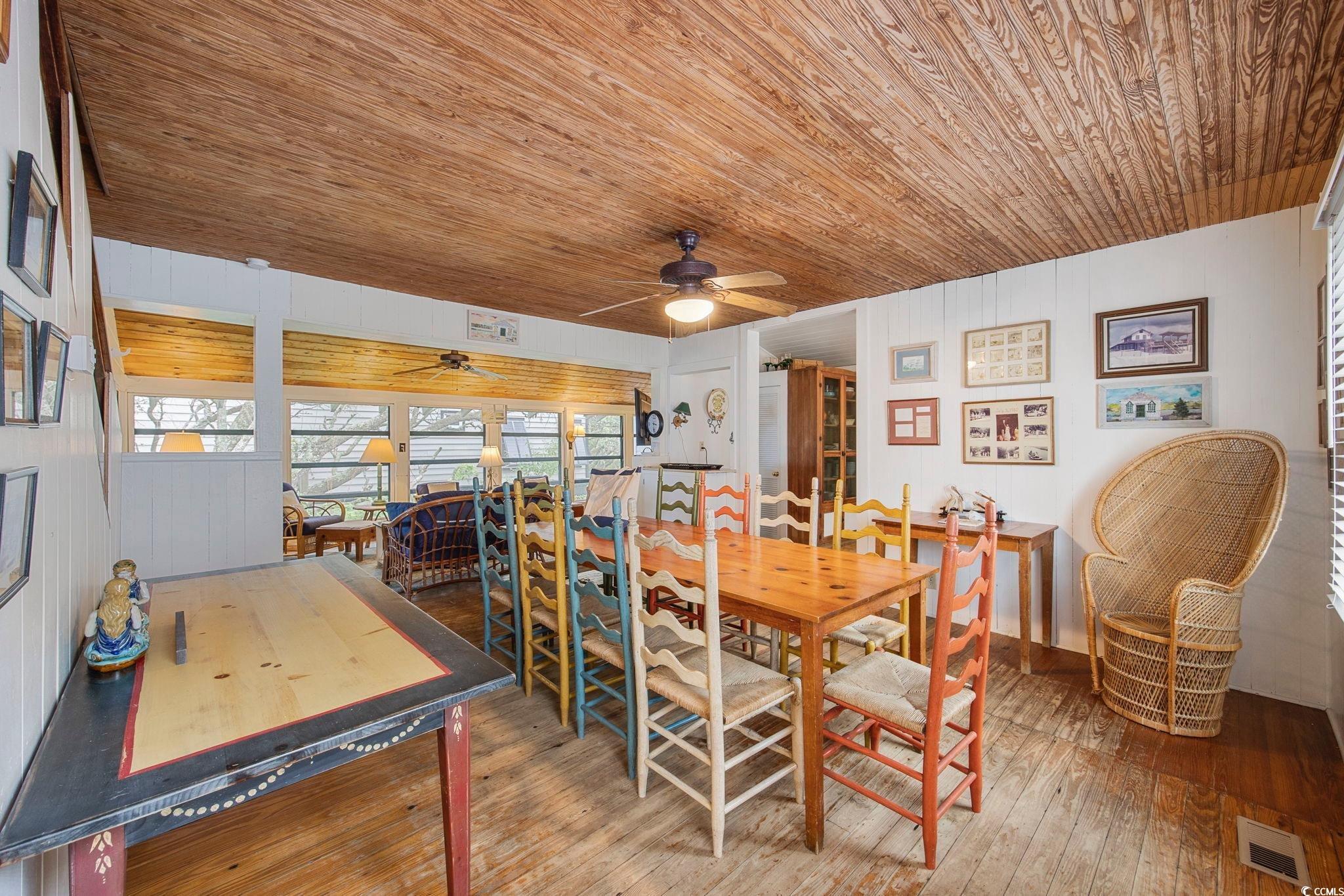 496 Myrtle Avenue Pawleys Island, SC 29585 - Photo 8 of 40 Dining room with wood-type flooring, ceiling fan, and wood ceiling
