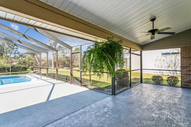 a view of a garden with an outdoor space