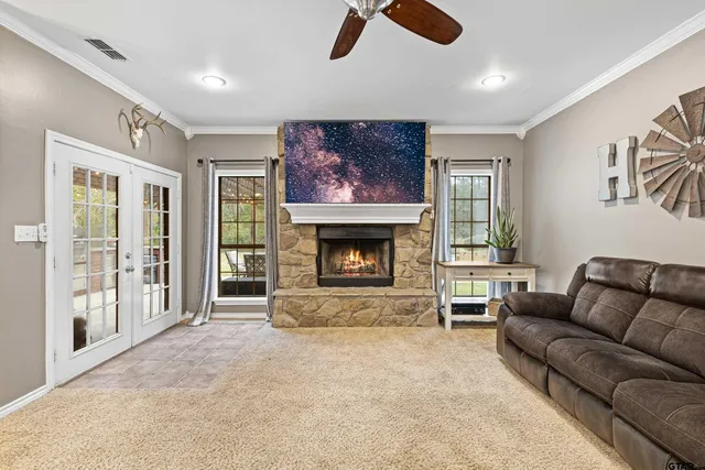 a living room with furniture and a fireplace
