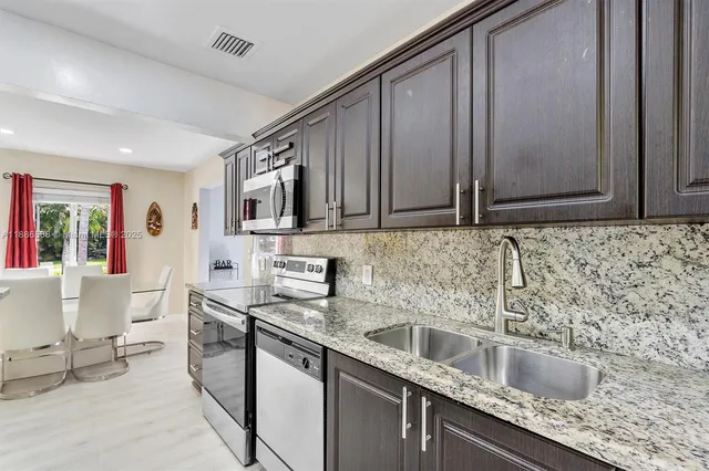 a kitchen with stainless steel appliances granite countertop a sink stove and microwave