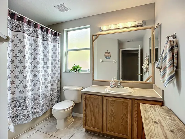 a bathroom with a sink a toilet and shower curtain