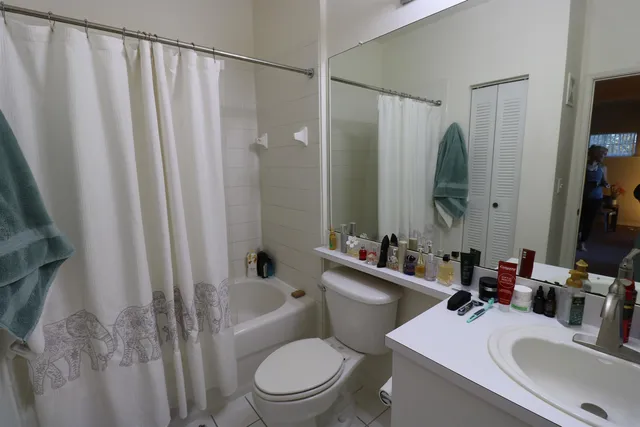 a bathroom with a sink toilet and shower