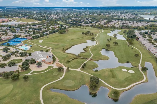 an aerial view of a swimming pool