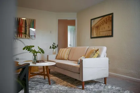 a living room with furniture and a potted plant
