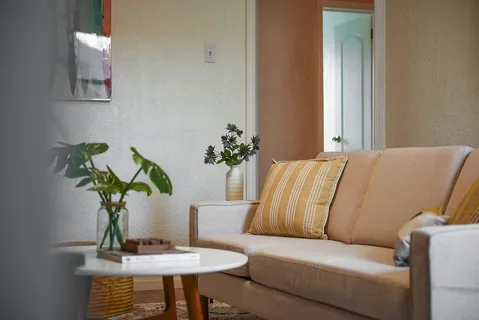a living room with furniture flowerpot and a chandelier