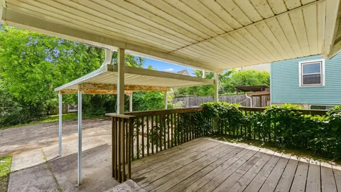 a porch with seating space