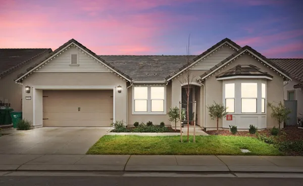 a front view of a house with garage and plants