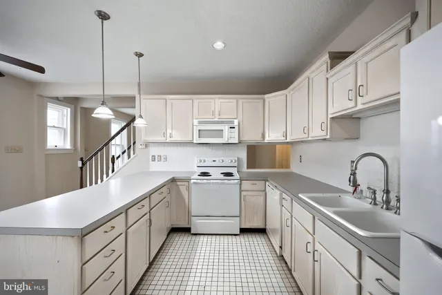 a kitchen with white cabinets appliances and a sink