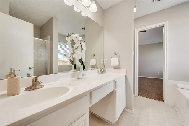 a bathroom with a sink double vanity and a mirror