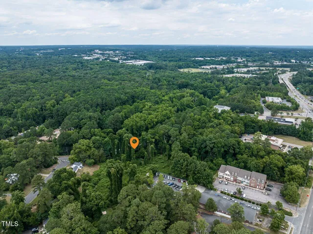 an aerial view of a forest with houses