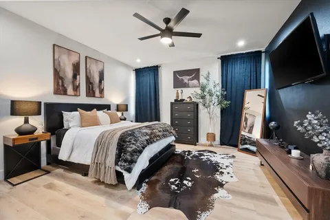 a bedroom with a large bed and a flat screen tv