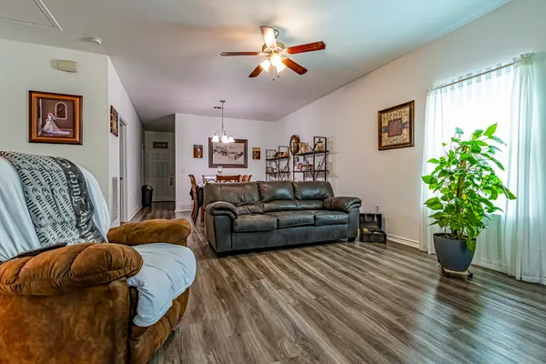 a living room with furniture and a potted plant