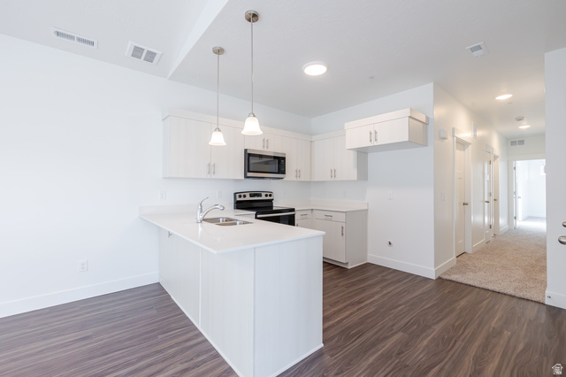 4662 Poplar Way, Unit Q302 Mapleton, UT 84664 - Photo 12 of 17 Kitchen featuring stainless steel appliances, a peninsula, white cabinets, and dark wood-style flooring