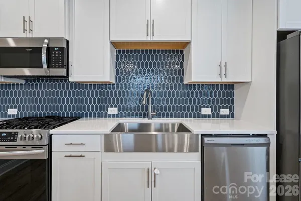a kitchen with a stove and a microwave