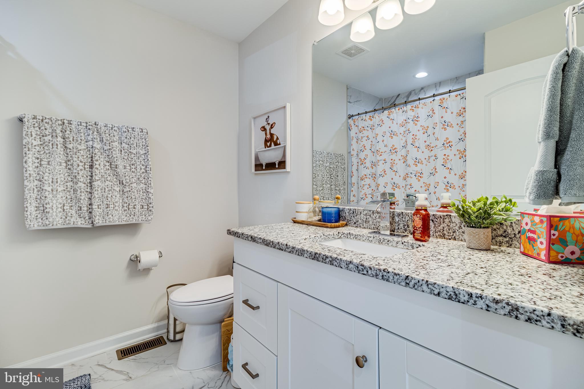 339 Azure Drive Colonial Beach, VA 22443 - Photo 21 of 28 a bathroom with a granite countertop sink a toilet and a mirror