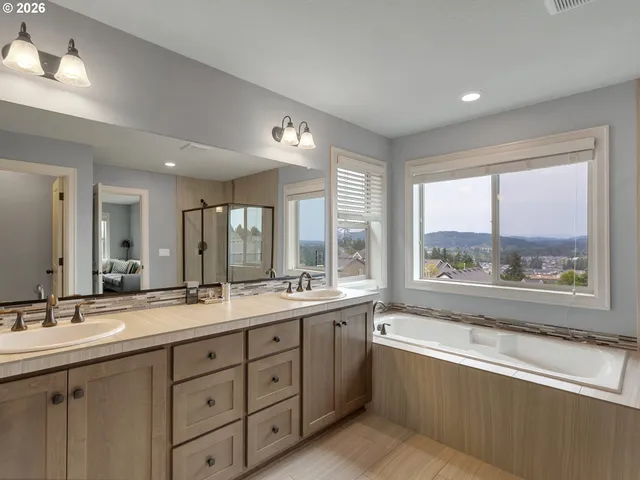 a bathroom with a large tub sink and window