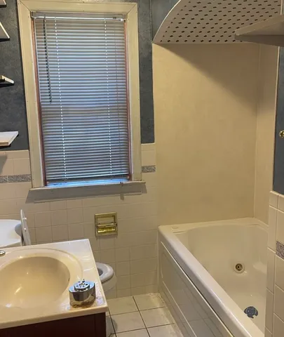 a bathroom with a bathtub