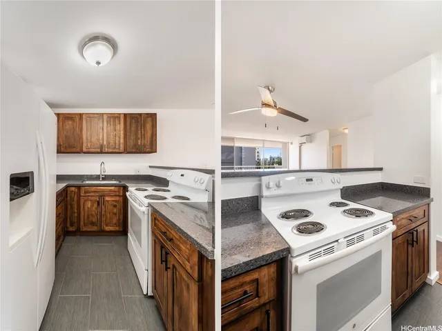 a kitchen with a stove and a sink