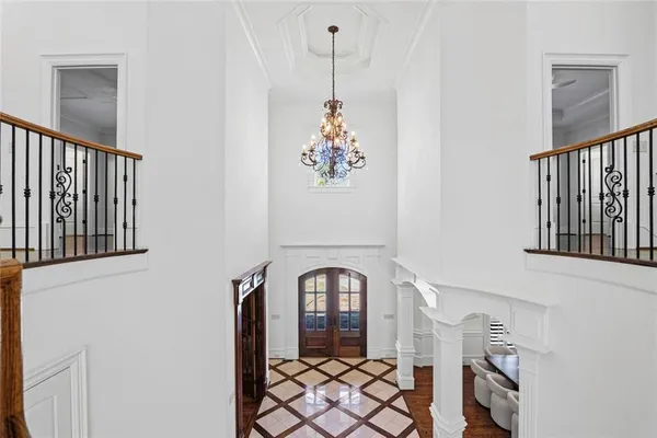 a view of a park with large trees