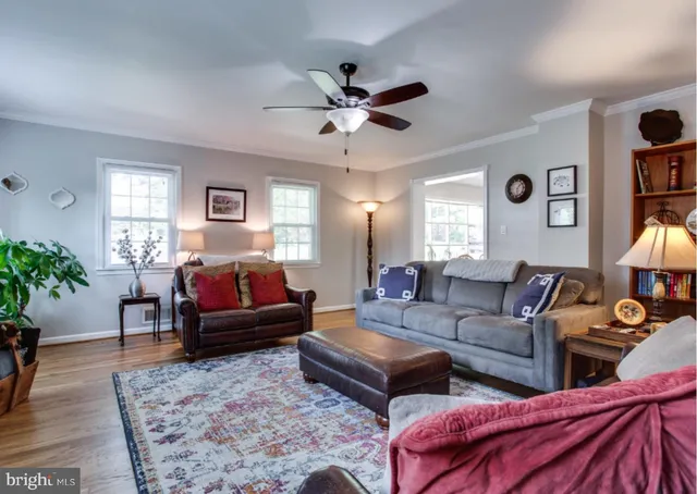 a living room with furniture ceiling fan and a rug