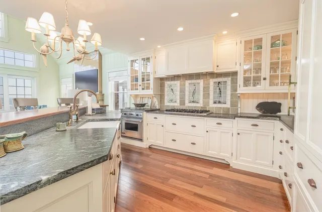 a view of a dining room with furniture