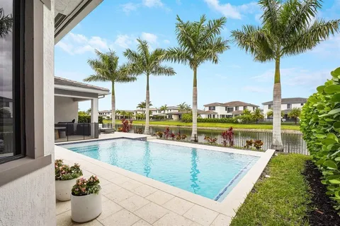 a view of a swimming pool with a lawn chairs and palm tree