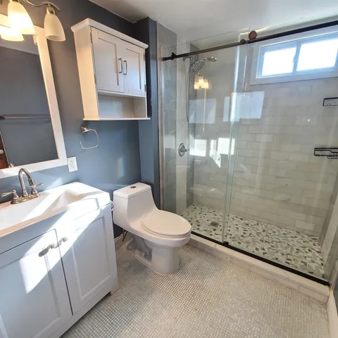 a bathroom with a bathtub shower sink vanity and toilet